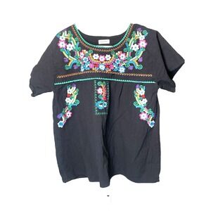 YZXDORWJ Women's Embroidered Mexican Peasant Blouse Boho Floral Top Black XL